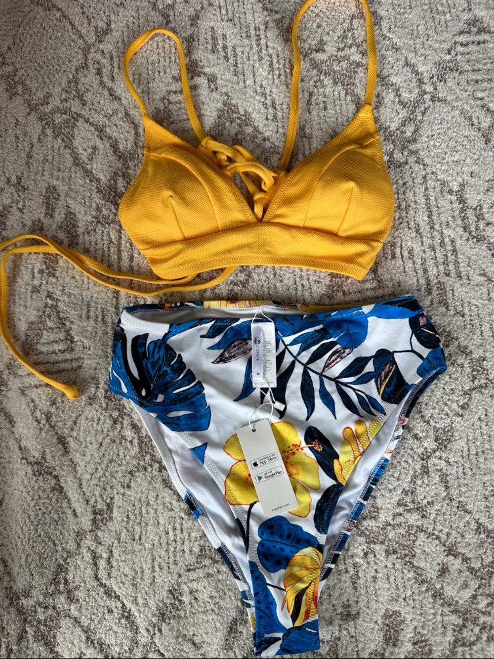 CUPSHE Yellow Bikini Set Floral High Waisted Bottom Size M